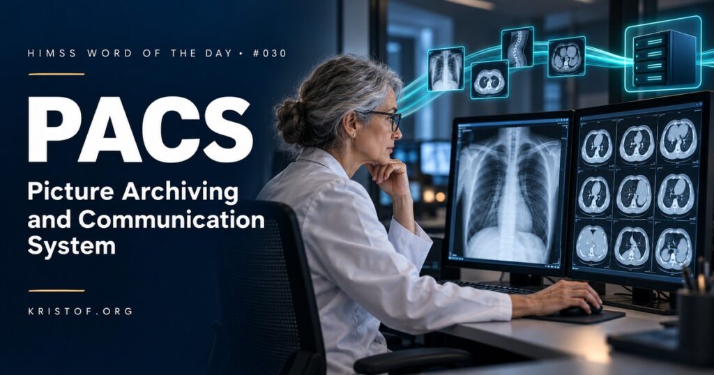 Diagram of a picture archiving and communication system showing imaging modalities sending DICOM images to an archive, a radiologist reading workstation, and an EHR image viewer, HIMSS Word of the Day series by Eric Kristof, RN, CAHIMS.