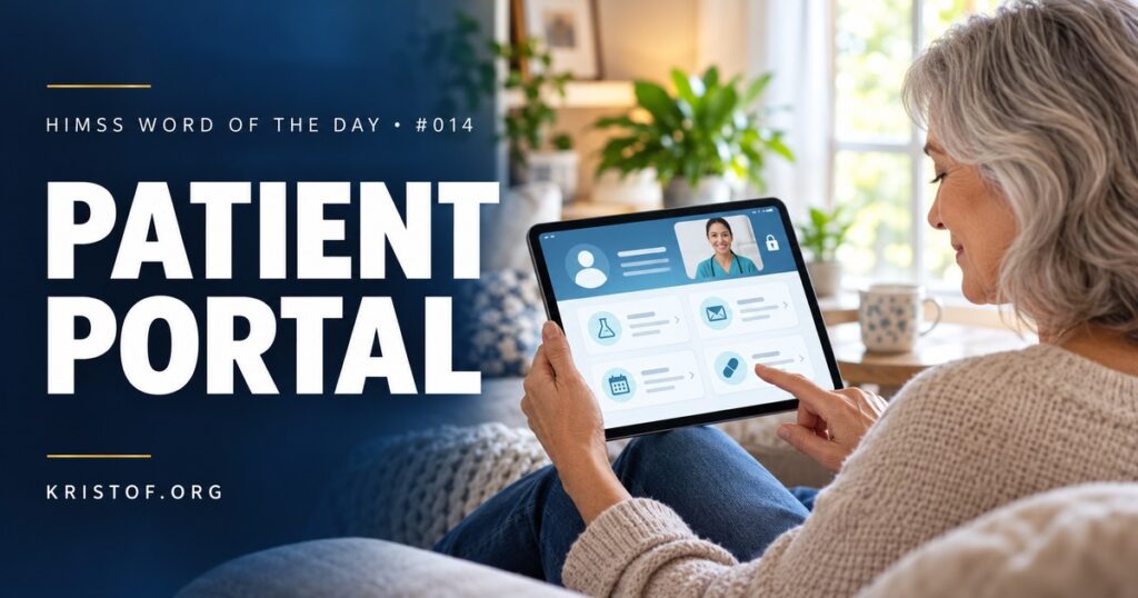 Diagram of a patient portal showing secure access to test results, clinical notes, medications, secure messaging, scheduling, and proxy access, HIMSS Word of the Day series by Eric Kristof, RN, CAHIMS.
