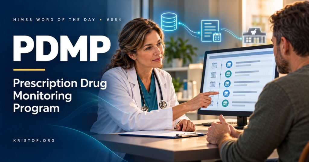 Illustration of a prescription drug monitoring program showing pharmacies reporting controlled substance prescriptions to a state database that a clinician views from within the EHR before prescribing, HIMSS Word of the Day series by Eric Kristof, RN, CAHIMS.