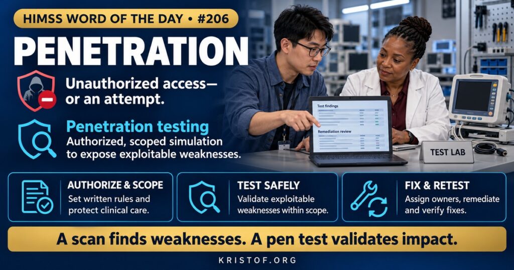 Illustration of penetration testing in a hospital network showing an authorized tester probing a firewall and clinical systems from outside while security staff watch a monitoring dashboard, HIMSS Word of the Day series by Eric Kristof, RN, CAHIMS.