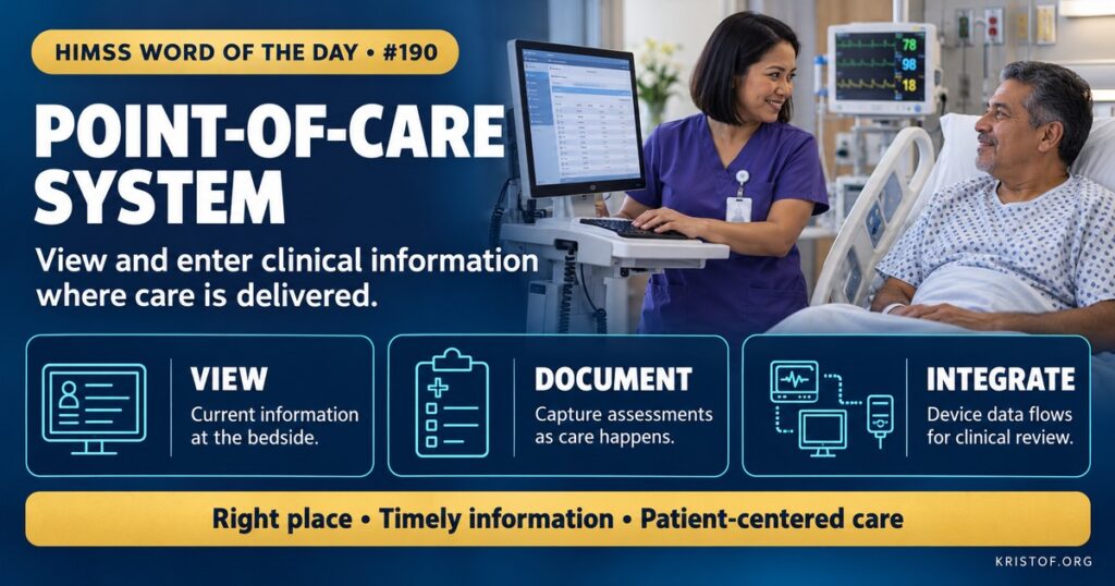 Illustration of a point-of-care system showing a nurse documenting on a bedside workstation and handheld device while scanning a patient wristband, with point-of-care test results and monitor data flowing into the EHR, HIMSS Word of the Day series by Eric Kristof, RN, CAHIMS.