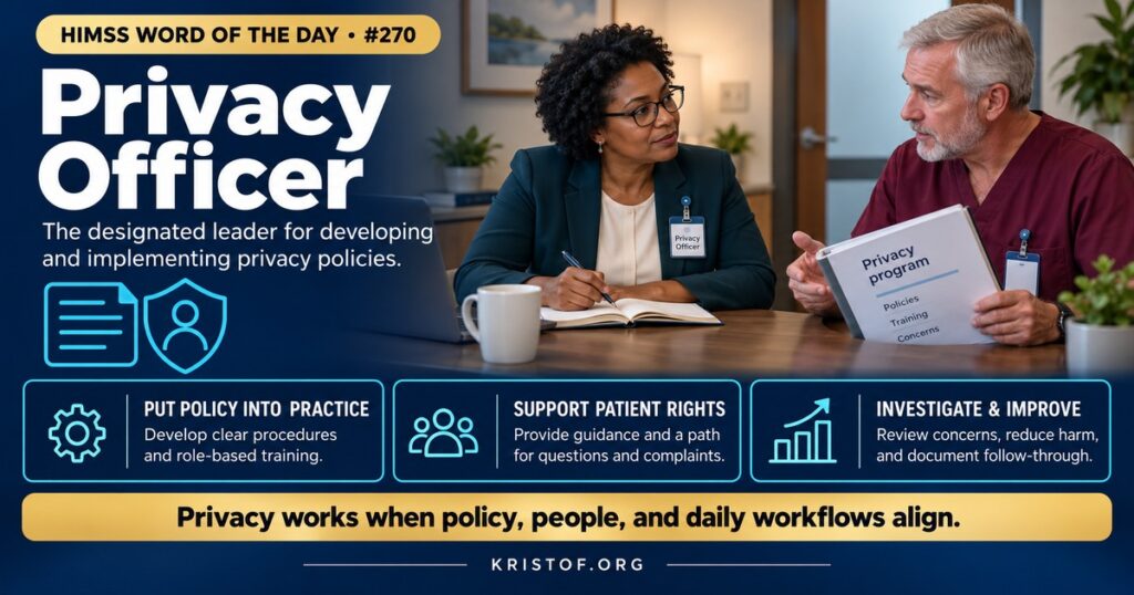 Illustration of a privacy officer at a desk with a HIPAA policy binder, a complaint log, a workforce training schedule, and a patient record access report, HIMSS Word of the Day series by Eric Kristof, RN, CAHIMS.
