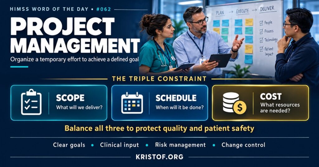 Illustration of healthcare IT project management showing a Gantt chart, a triangle of scope, schedule, and cost, and a project team of clinicians and analysts reviewing milestones, HIMSS Word of the Day series by Eric Kristof, RN, CAHIMS.
