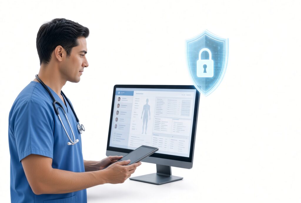 Diagram of Protected Health Information showing the 18 HIPAA identifier categories, the covered entity and business associate perimeter, and administrative, physical, and technical safeguards — HIMSS Word of the Day series by Eric Kristof, RN, CAHIMS.