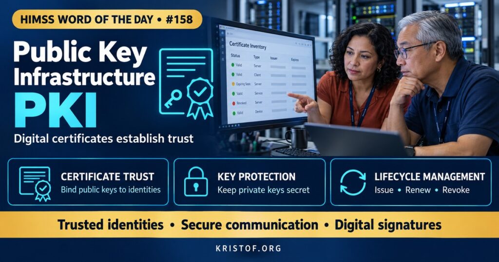 Illustration of public key infrastructure showing a certificate authority issuing digital certificates to a hospital server and a clinician, with public and private keys enabling encrypted connections and digital signatures, HIMSS Word of the Day series by Eric Kristof, RN, CAHIMS.