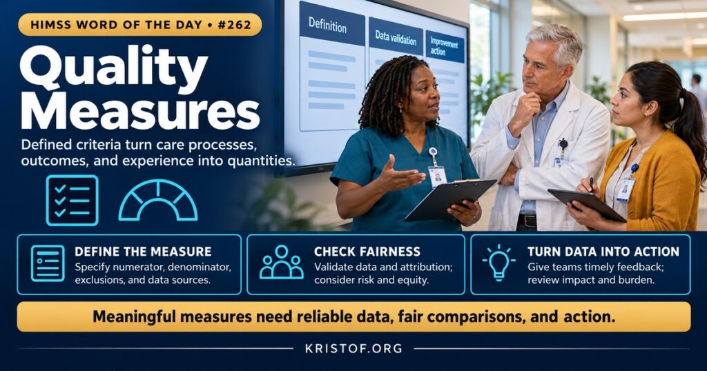 Illustration of quality measures showing a dashboard of performance rates for several hospitals, an electronic health record feeding a measure calculation, and a nurse reviewing a patient-reported survey, HIMSS Word of the Day series by Eric Kristof, RN, CAHIMS.