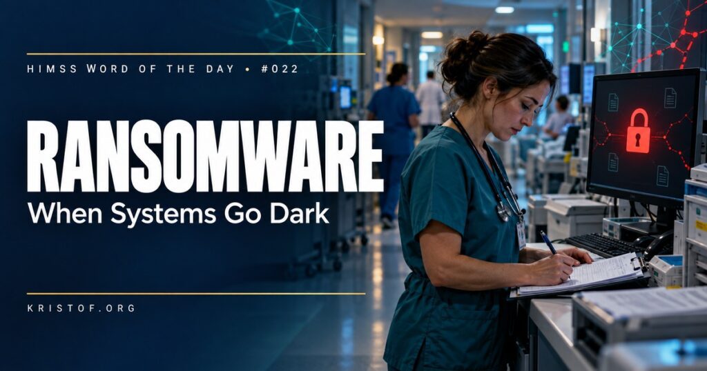 Diagram of a ransomware attack chain from phishing email to stolen data and encrypted systems, alongside a nurse using paper downtime forms, HIMSS Word of the Day series by Eric Kristof, RN, CAHIMS.