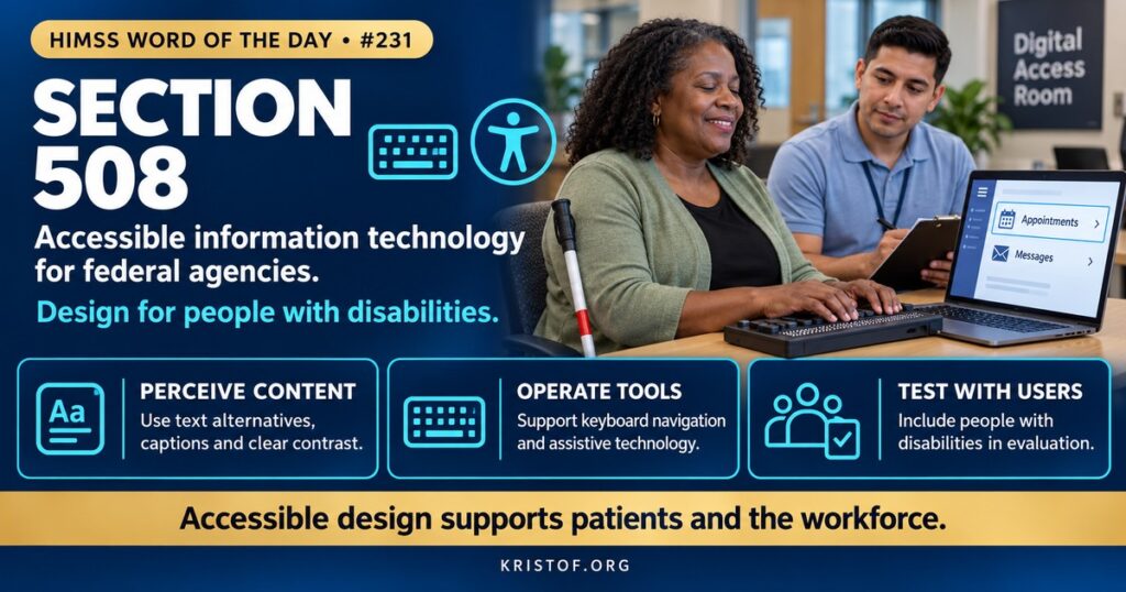 Illustration of Section 508 accessibility showing a patient using a screen reader on a patient portal, a high contrast display, a keyboard-only navigation path, and a checklist of accessibility criteria, HIMSS Word of the Day series by Eric Kristof, RN, CAHIMS.