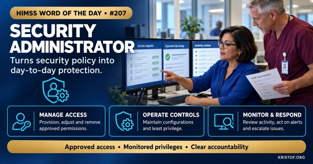 Illustration of a security administrator at a monitoring console reviewing access requests, audit logs, and network alerts while a nurse requests access through a service desk, HIMSS Word of the Day series by Eric Kristof, RN, CAHIMS.
