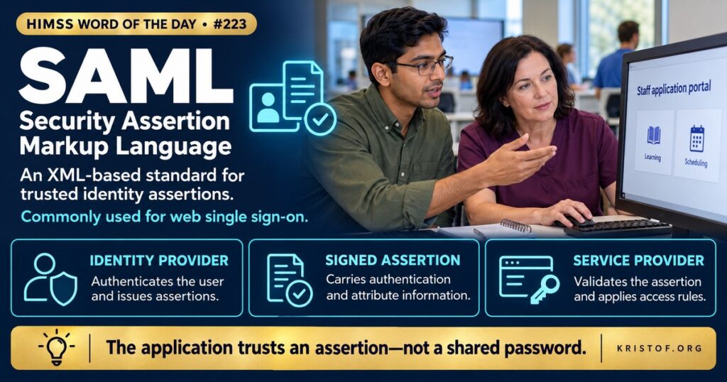 Illustration of SAML single sign-on showing a nurse logging in once at an identity provider, a signed assertion passing to several service provider applications, and a lock icon protecting the exchange, HIMSS Word of the Day series by Eric Kristof, RN, CAHIMS.