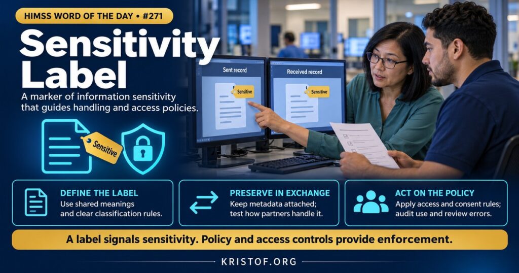 Illustration of sensitivity labels showing patient record sections tagged with restricted and normal markers, a receiving system honoring the tags, and a policy document behind them, HIMSS Word of the Day series by Eric Kristof, RN, CAHIMS.