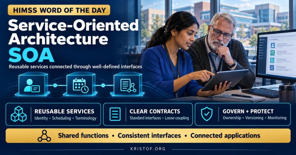 Illustration of service-oriented architecture in healthcare showing reusable services for patient identity, scheduling, results, and terminology connected through standard interfaces to EHRs, portals, and apps, HIMSS Word of the Day series by Eric Kristof, RN, CAHIMS.