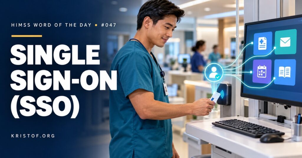 Illustration of single sign-on in a hospital showing a nurse tapping a badge at a shared workstation that opens the EHR, email, and clinical applications through one identity provider, HIMSS Word of the Day series by Eric Kristof, RN, CAHIMS.