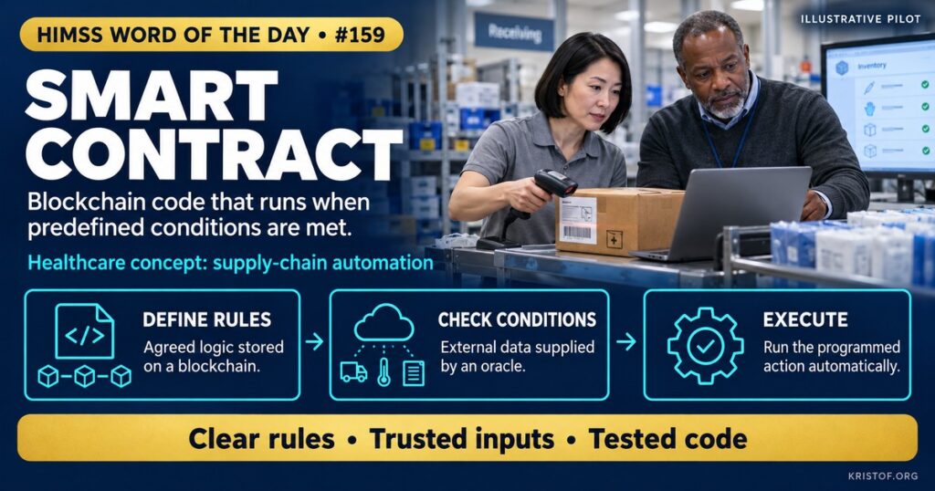 Illustration of a smart contract showing code on a blockchain automatically releasing a payment when a verified condition is met, with network participants validating the transaction, HIMSS Word of the Day series by Eric Kristof, RN, CAHIMS.