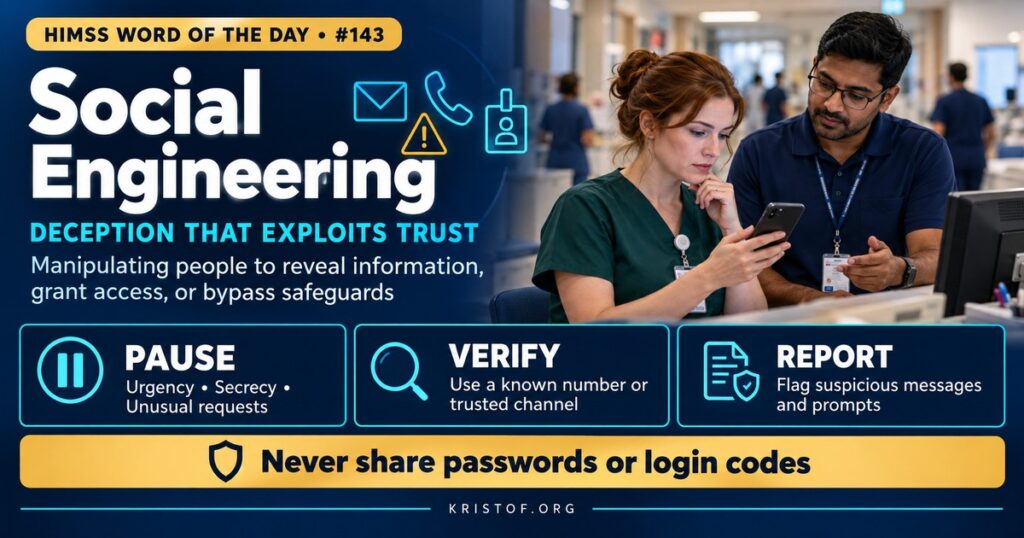 Illustration of social engineering in a hospital showing an attacker impersonating IT staff by phone, a phishing email, and a person tailgating through a secure door, with a nurse pausing to verify identity, HIMSS Word of the Day series by Eric Kristof, RN, CAHIMS.