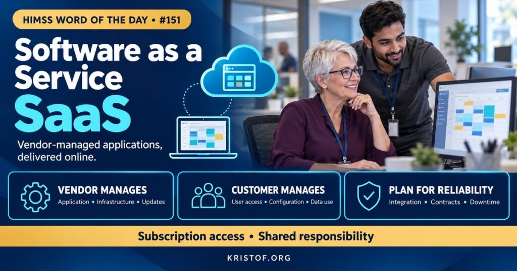 Illustration of software as a service in healthcare showing clinicians using a cloud-hosted application through a browser while the vendor manages servers, updates, and security under a business associate agreement, HIMSS Word of the Day series by Eric Kristof, RN, CAHIMS.