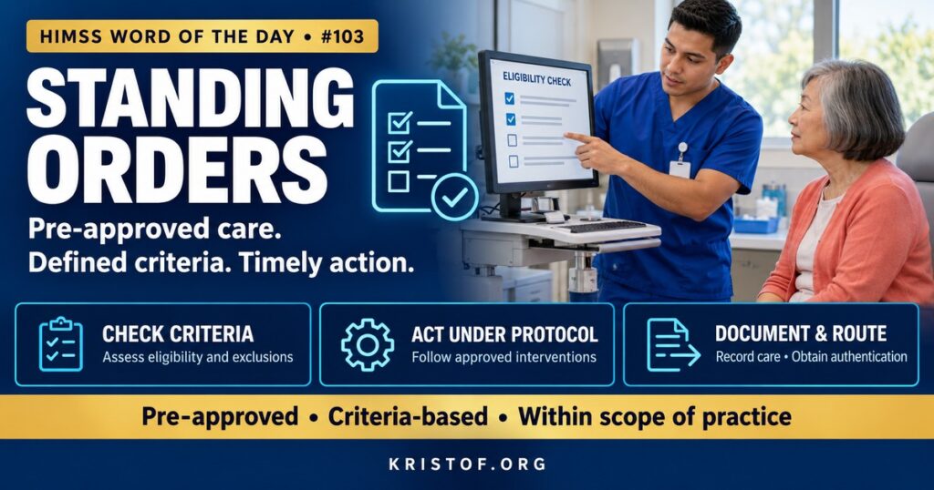 Illustration of standing orders in the EHR showing a nurse-driven protocol for vaccinations and catheter removal with criteria, an activation step, and provider co-signature, HIMSS Word of the Day series by Eric Kristof, RN, CAHIMS.