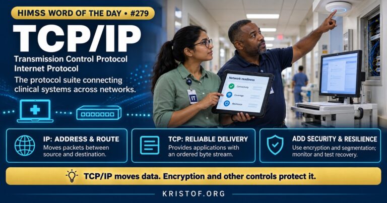 Illustration of TCP/IP in a hospital showing data packets traveling from a bedside device through switches and a firewall to the EHR server, with a lock icon on the connection, HIMSS Word of the Day series by Eric Kristof, RN, CAHIMS.