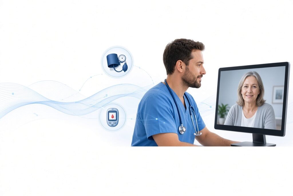 Diagram of the four telehealth modalities — synchronous live video, asynchronous store-and-forward, remote patient monitoring, and mobile health — with the patient home site and provider distant site — HIMSS Word of the Day series by Eric Kristof, RN, CAHIMS.