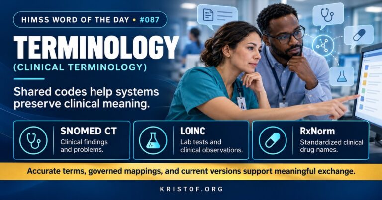 Illustration of clinical terminologies showing a patient's problems, lab tests, and medications coded with SNOMED CT, LOINC, and RxNorm, and mapped to ICD-10-CM for billing, HIMSS Word of the Day series by Eric Kristof, RN, CAHIMS.