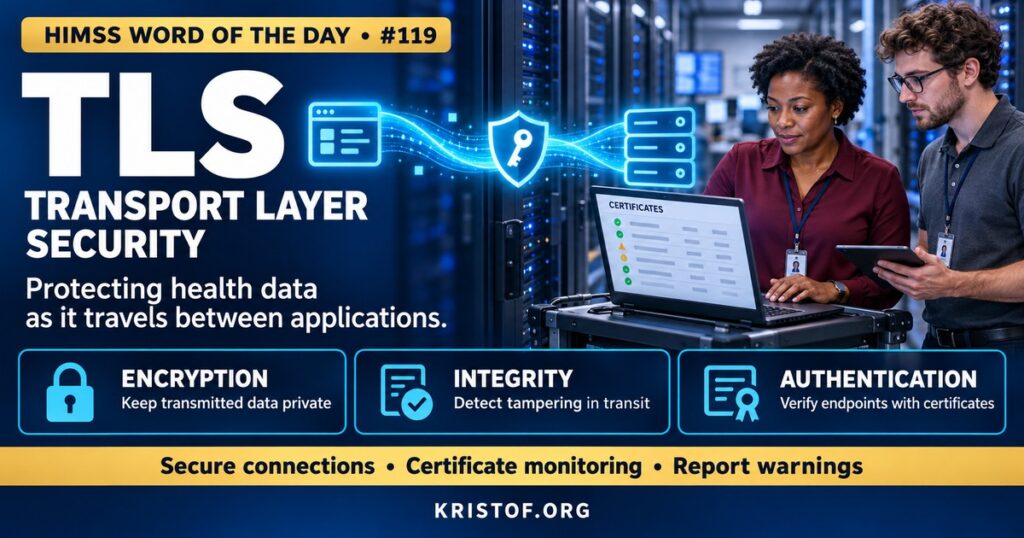 Illustration of Transport Layer Security showing an encrypted connection between a clinician's browser, a patient app, and an EHR server, with a certificate verifying the server's identity, HIMSS Word of the Day series by Eric Kristof, RN, CAHIMS.