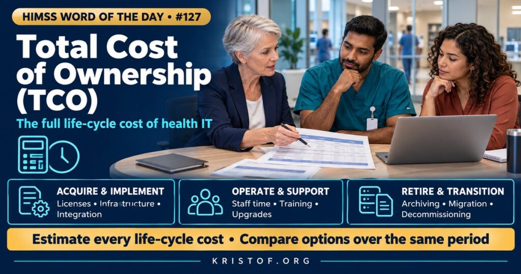 Illustration of total cost of ownership for a health IT system showing an iceberg with license price above water and hidden costs such as hardware, interfaces, staffing, training, upgrades, and downtime below, HIMSS Word of the Day series by Eric Kristof, RN, CAHIMS.