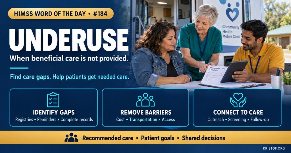 Illustration of underuse in healthcare showing a patient missing recommended screenings, vaccines, and medications, with registries, reminders, and nurse outreach closing the care gaps, HIMSS Word of the Day series by Eric Kristof, RN, CAHIMS.