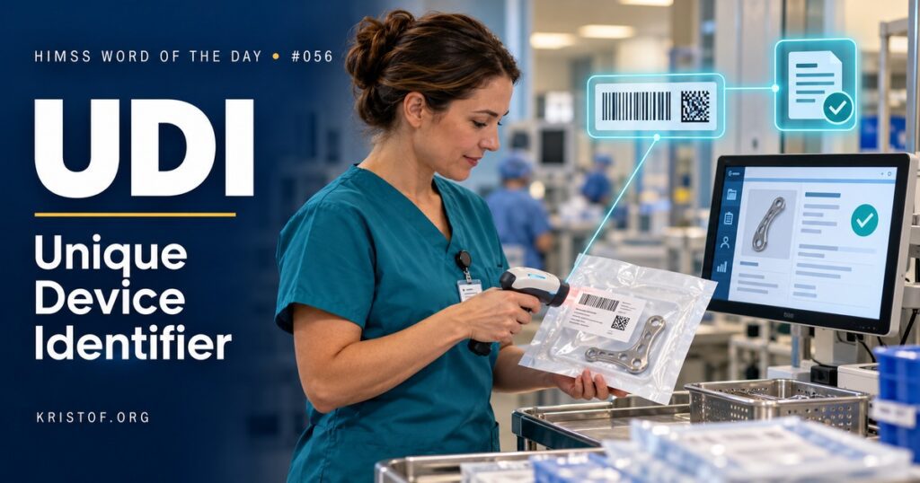 Illustration of a unique device identifier label on an implant package showing a barcode with device identifier and production identifier sections being scanned into the EHR in an operating room, HIMSS Word of the Day series by Eric Kristof, RN, CAHIMS.