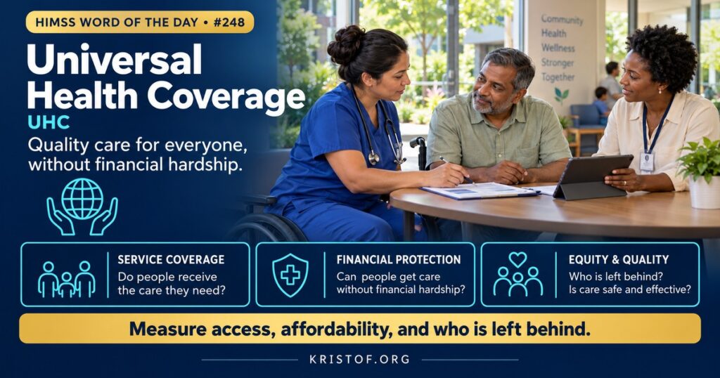 Illustration of universal health coverage showing a community health clinic, a world map with coverage levels, and a dashboard of a service coverage index beside a financial protection indicator, HIMSS Word of the Day series by Eric Kristof, RN, CAHIMS.