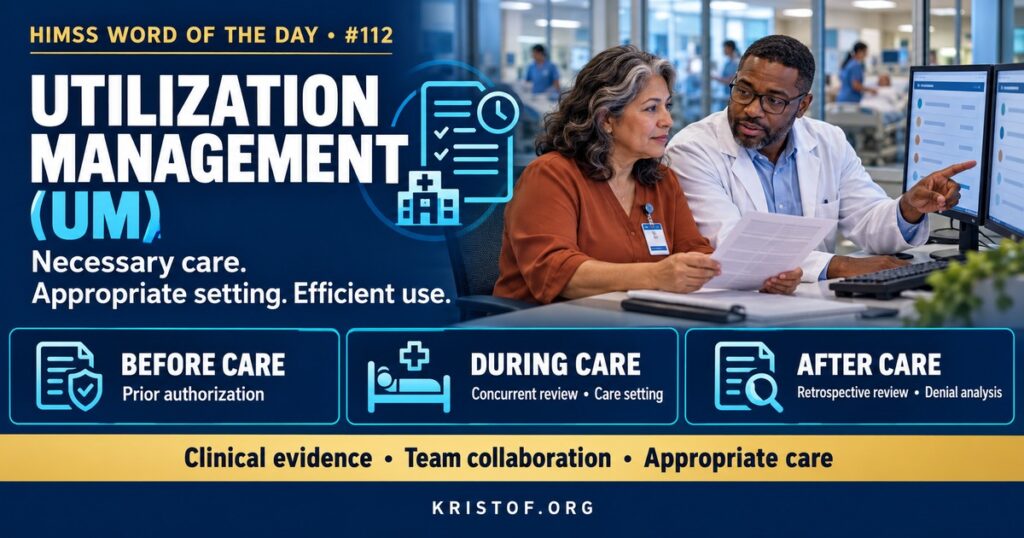 Illustration of utilization management showing a prior authorization request, a concurrent review of an inpatient stay against medical necessity criteria, and electronic data exchange between hospital and payer, HIMSS Word of the Day series by Eric Kristof, RN, CAHIMS.