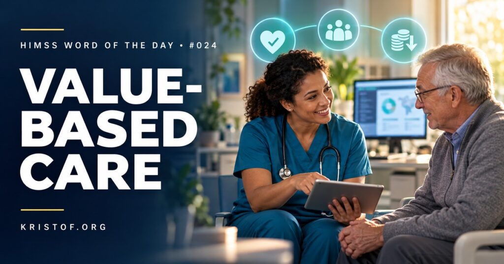 Diagram contrasting fee-for-service payment for each visit and test with value-based care payment tied to outcomes, quality, and cost across a patient population, HIMSS Word of the Day series by Eric Kristof, RN, CAHIMS.