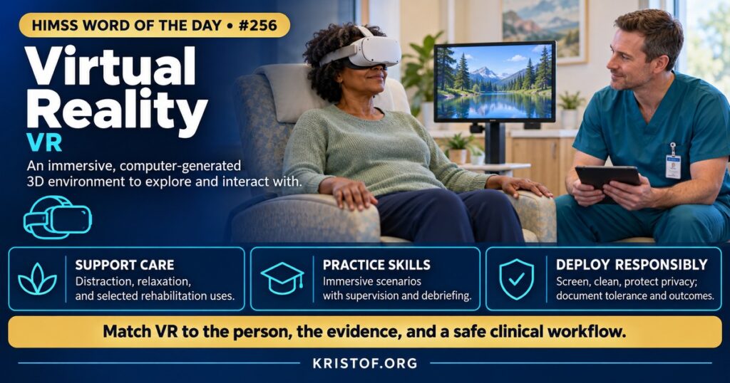 Illustration of a patient wearing a virtual reality headset during an IV placement while a nurse monitors vital signs, with a calm nature scene shown on a nearby screen, HIMSS Word of the Day series by Eric Kristof, RN, CAHIMS.