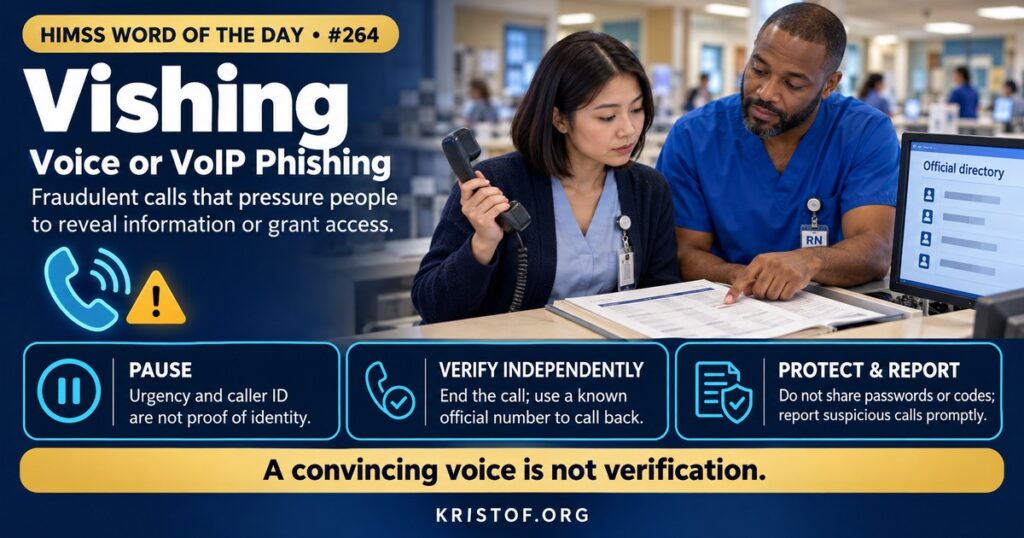 Illustration of vishing showing a phone call to a hospital help desk with a caller pressing for a password reset, a verification checklist, and a staff member hanging up to call back on a known number, HIMSS Word of the Day series by Eric Kristof, RN, CAHIMS.