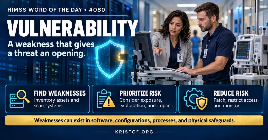 Illustration of cybersecurity vulnerability management showing a scan of hospital systems and medical devices, a list of CVE identifiers ranked by CVSS score, and patching and network segmentation as fixes, HIMSS Word of the Day series by Eric Kristof, RN, CAHIMS.