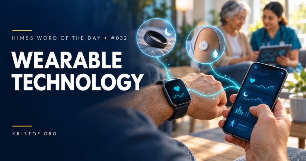 Illustration of wearable technology including a smartwatch, fitness band, continuous glucose sensor, and adhesive ECG patch sending data to a clinician dashboard, HIMSS Word of the Day series by Eric Kristof, RN, CAHIMS.