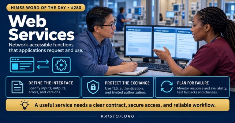 Illustration of web services in a hospital showing an EHR calling a remote clinical decision support service over a secure connection and receiving a recommendation, with a service description document in the middle, HIMSS Word of the Day series by Eric Kristof, RN, CAHIMS.