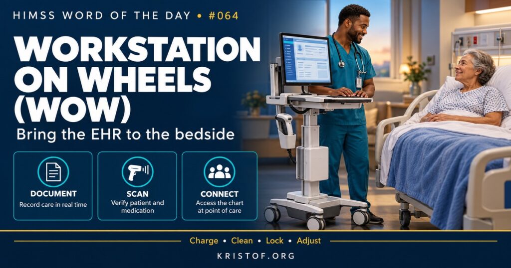 Illustration of a nurse using a workstation on wheels at a patient's bedside with a laptop, barcode scanner, and medication drawer, connected wirelessly to the EHR, HIMSS Word of the Day series by Eric Kristof, RN, CAHIMS.
